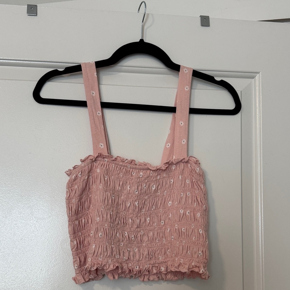 American Eagle Outfitters Pink Smocked Ruffle Crop Tank Top